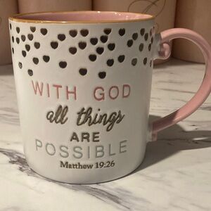 Inspirational Quote Matthew 19:26 Pink and White XL Mug